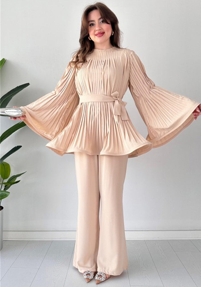 Women's Fashion Casual Belt Pleated Loose Top Wide Leg Pants Two Piece Set