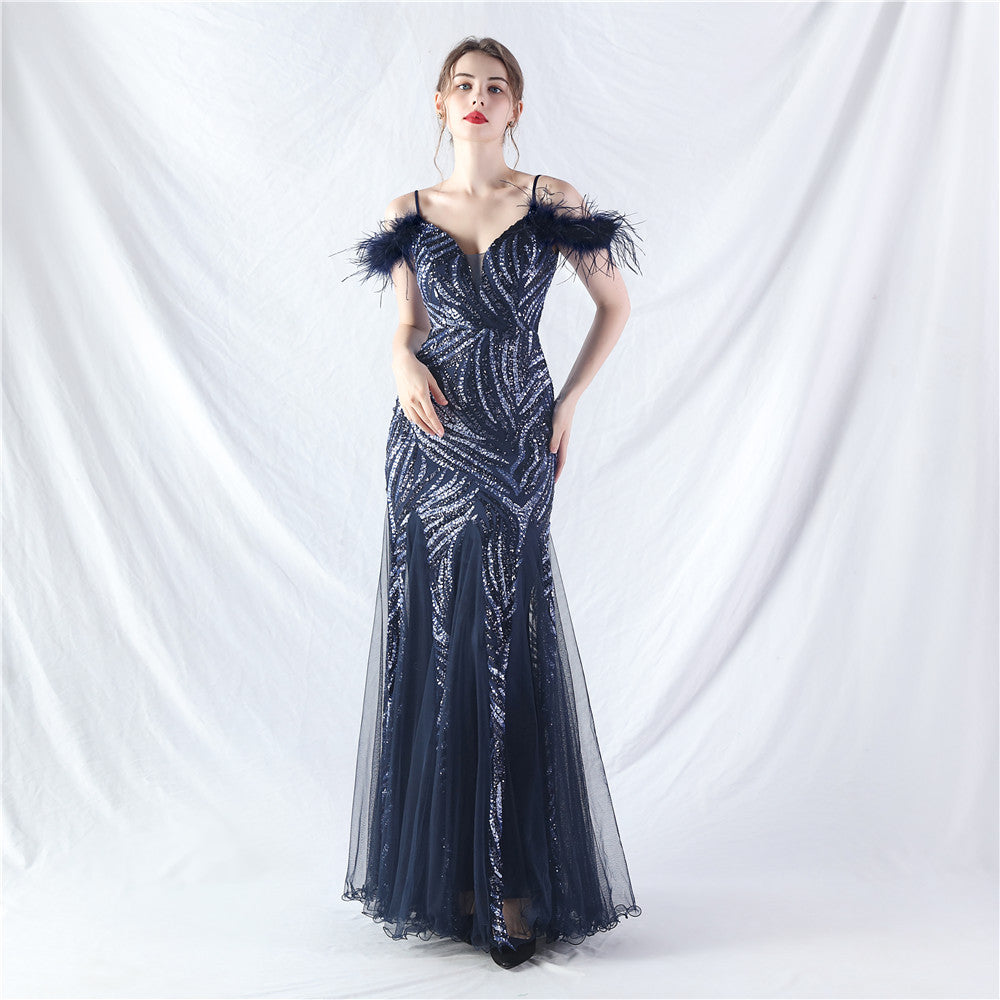 feather sequin Patchwork Mesh luxury evening dress 9