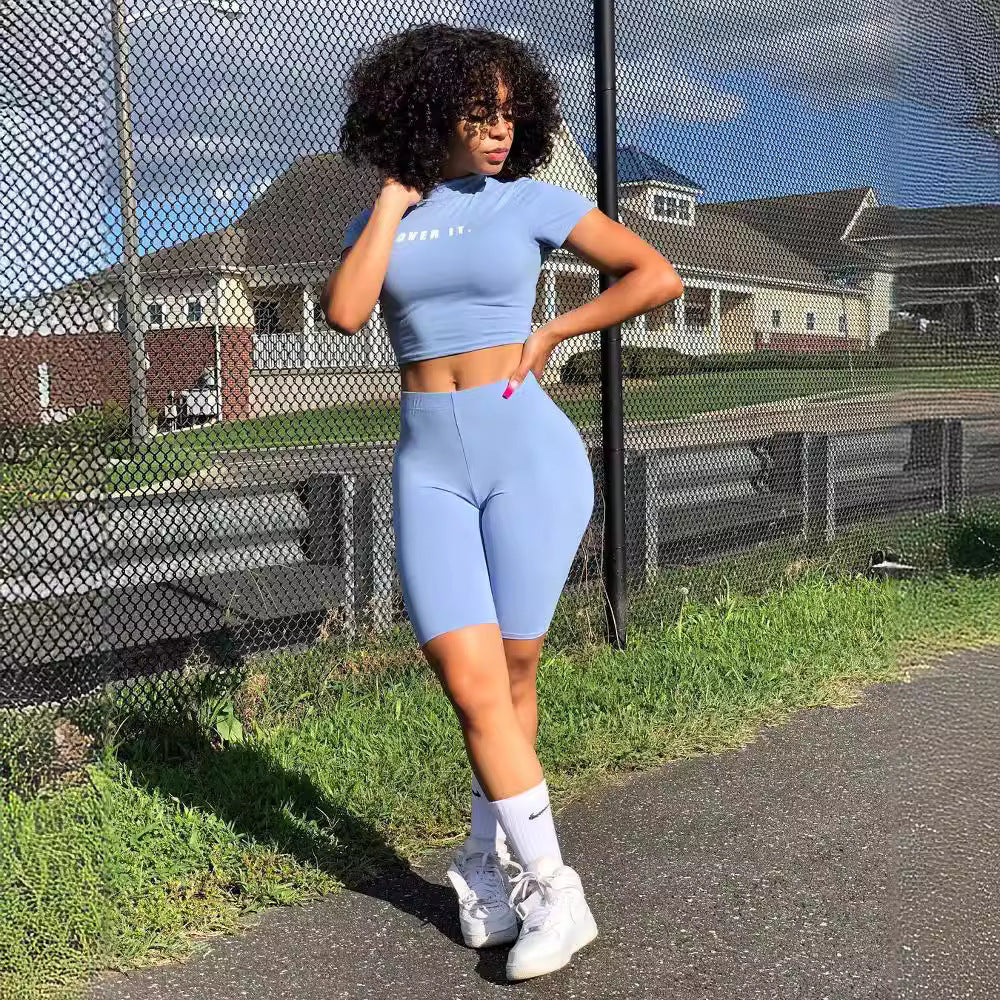 Women's Spring Summer Fashion Letter Print Slim Fit Sports Two-piece Shorts Set 4