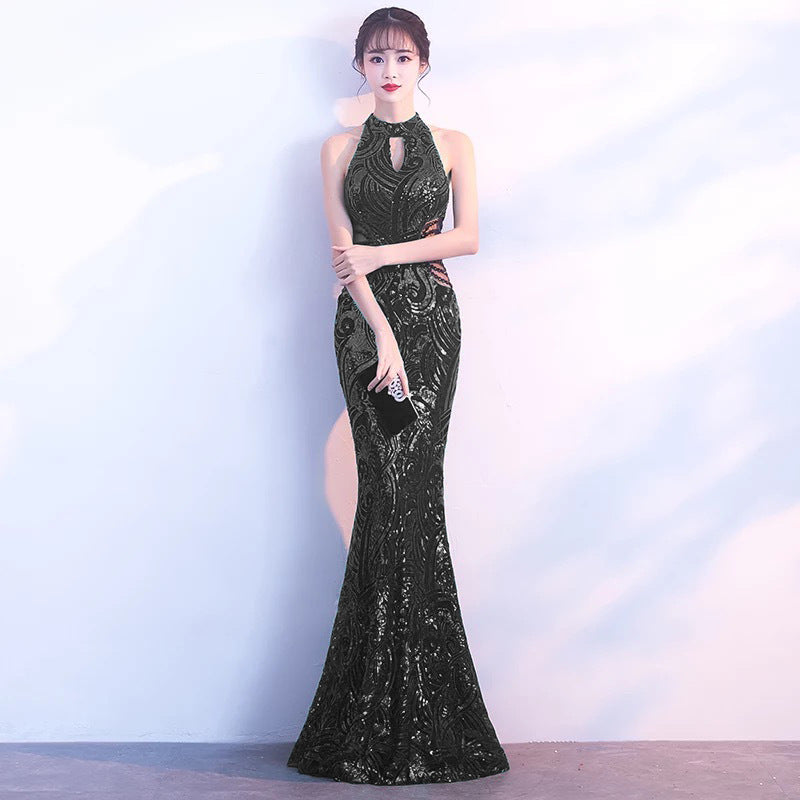 Women Formal Party Halter Neck Elegant Mermaid Evening Gown 4