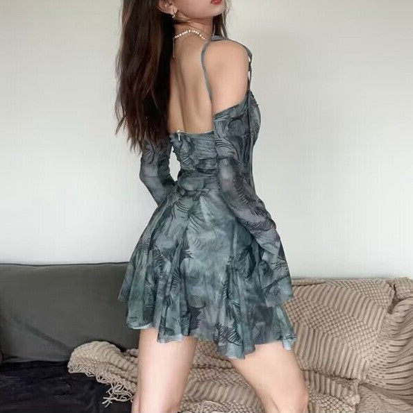 Women Summer Sexy Off Shoulder Bell Bottom Sleeve Print Strap Dress