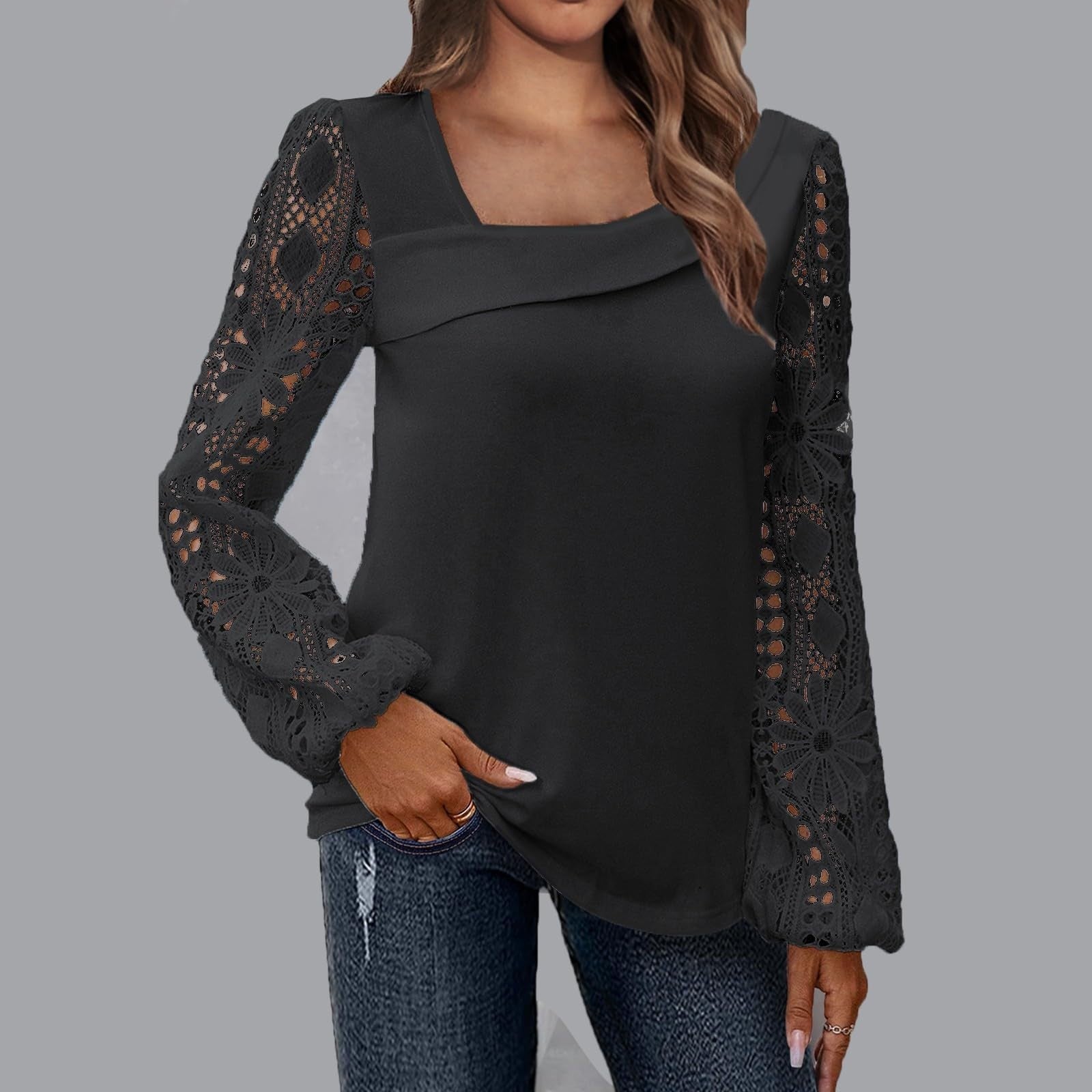 Women's Spring And Autumn Fashionable Elegant Lace Patchwork Knitting Shirt Top 4