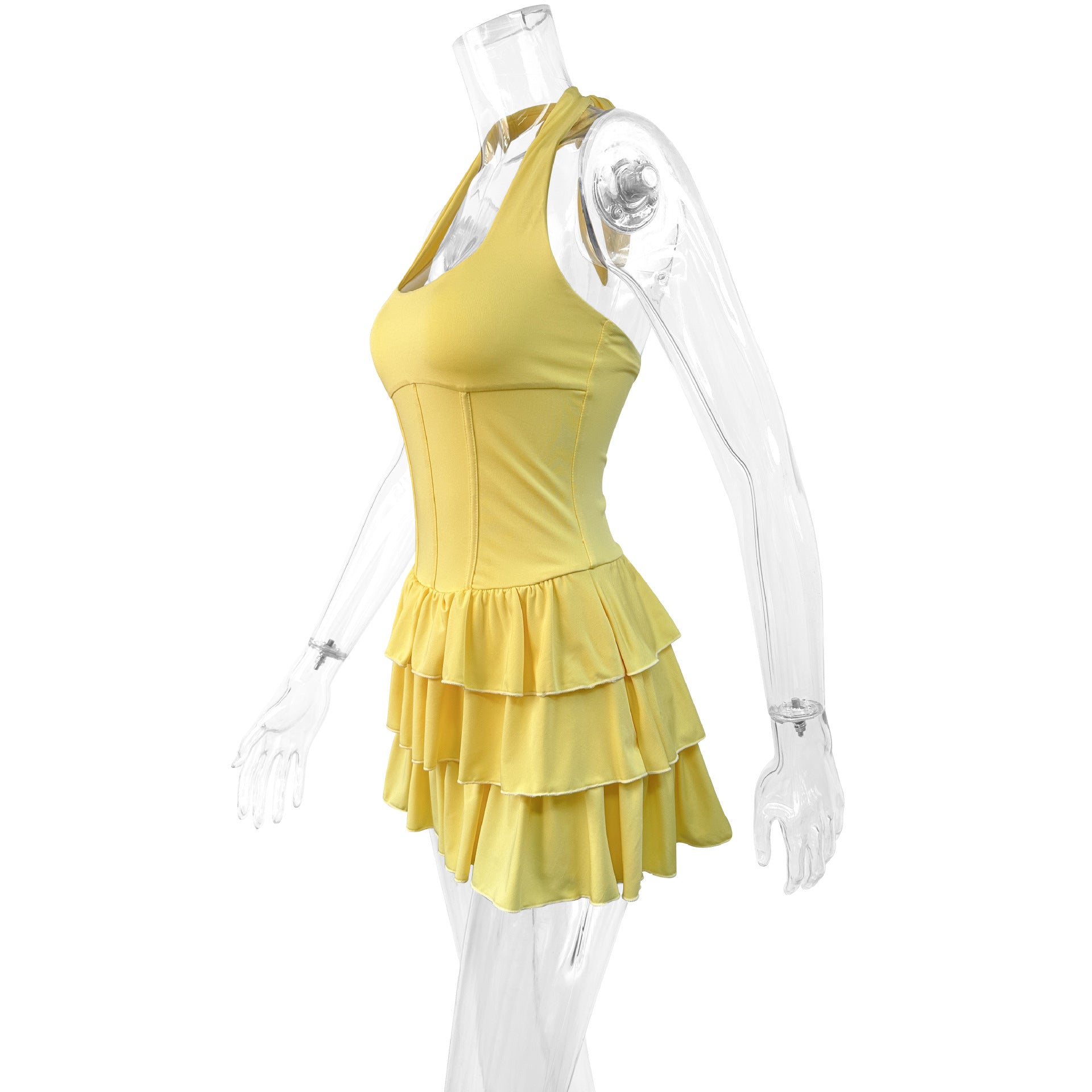 Women Summer Square-Neck Halter Neck Lace-Up Sexy Backless Solid Mini Dress 9