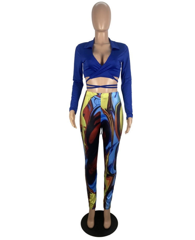 Fall Sexy Blue Turndown Collar Wrap Tied Long Sleeve Crop Top and Printed Tight Pants Set 9