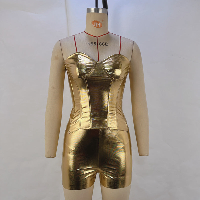 Women PU-leather metallic body shaping Strapless Top and Casual shorts two-piece set 8