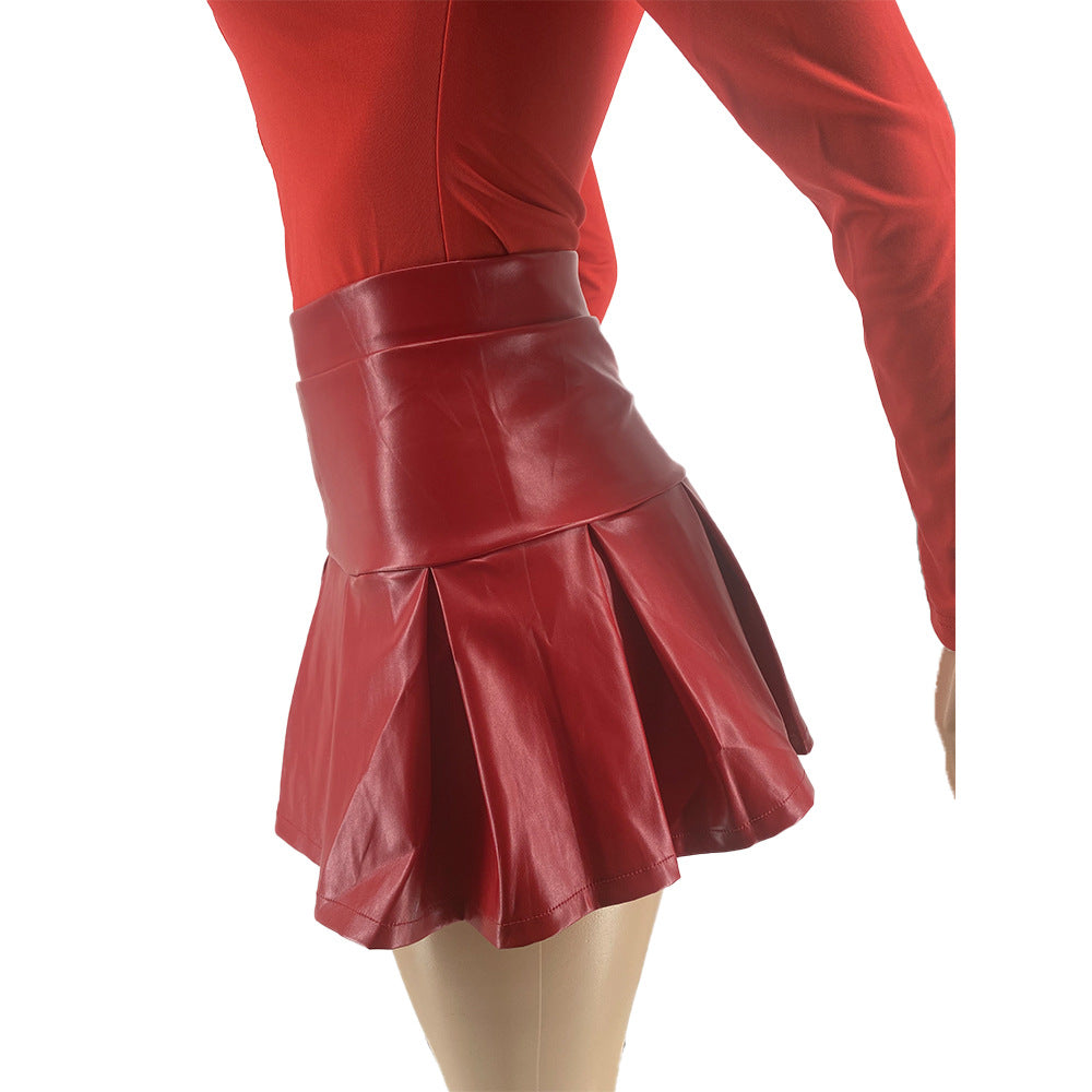 Cute Casual Style Sexy Pleated Leather Mini Skirt 14