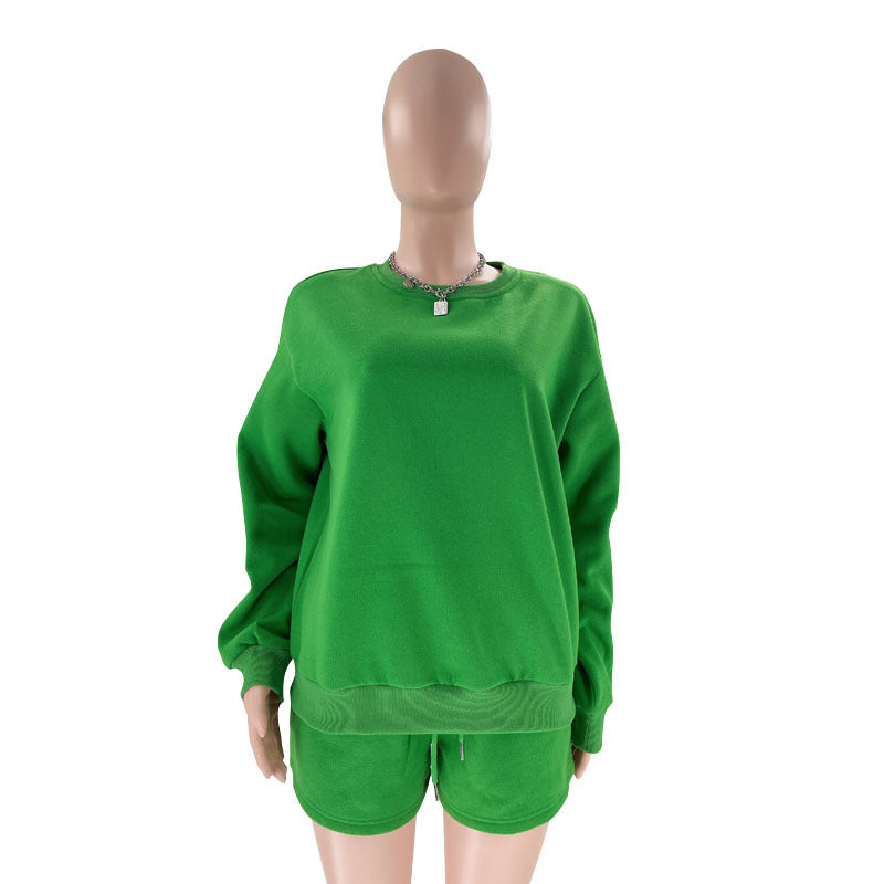 Fall Winter Solid Color Round Neck Pullover Long Sleeve Hoodies Women's Fashion Casual Shorts Two Piece Set 44