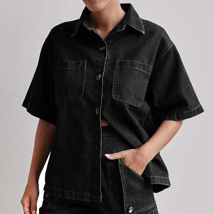 Summer Women's Casual Loose Denim Shirt Shorts Set 12