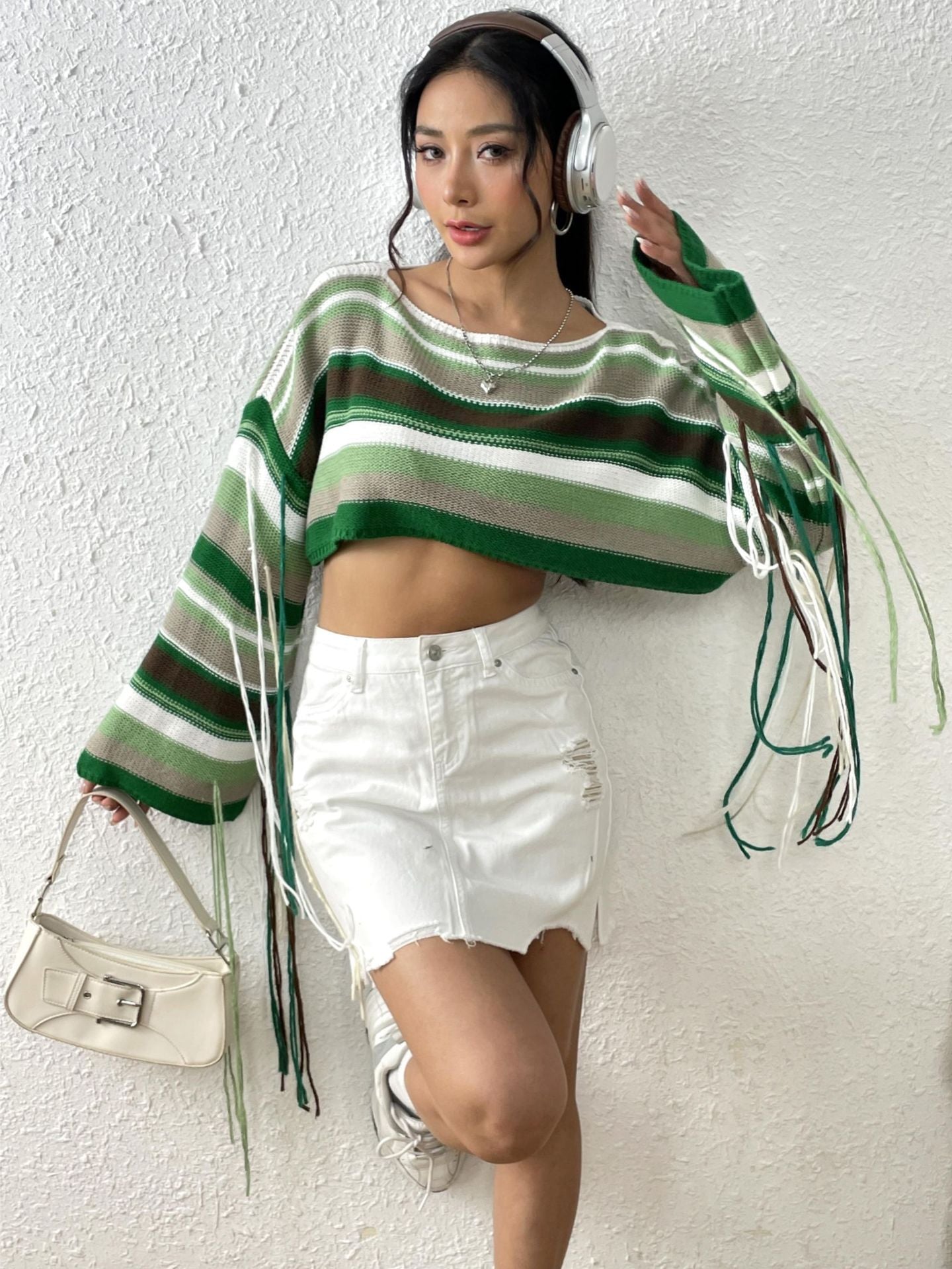 Women Rainbow Stripe Tassel Crop Loose Sweater 6