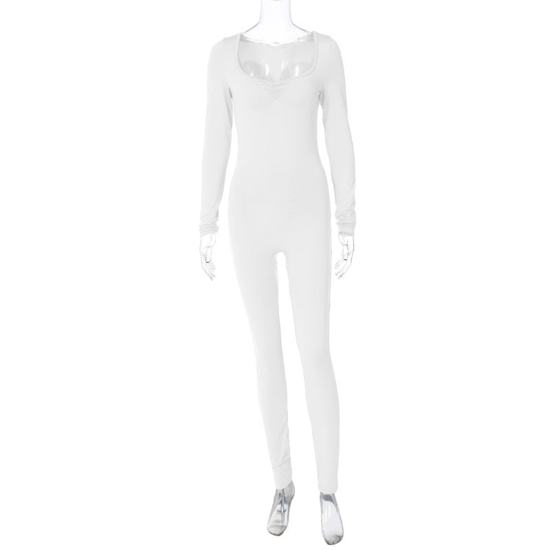 Women Winter Solid Square Neck Pleated Long Sleeve Jumpsuit 22