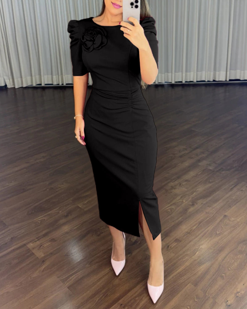 Women Puff Sleeve Floral Pleated Slit Dress 3