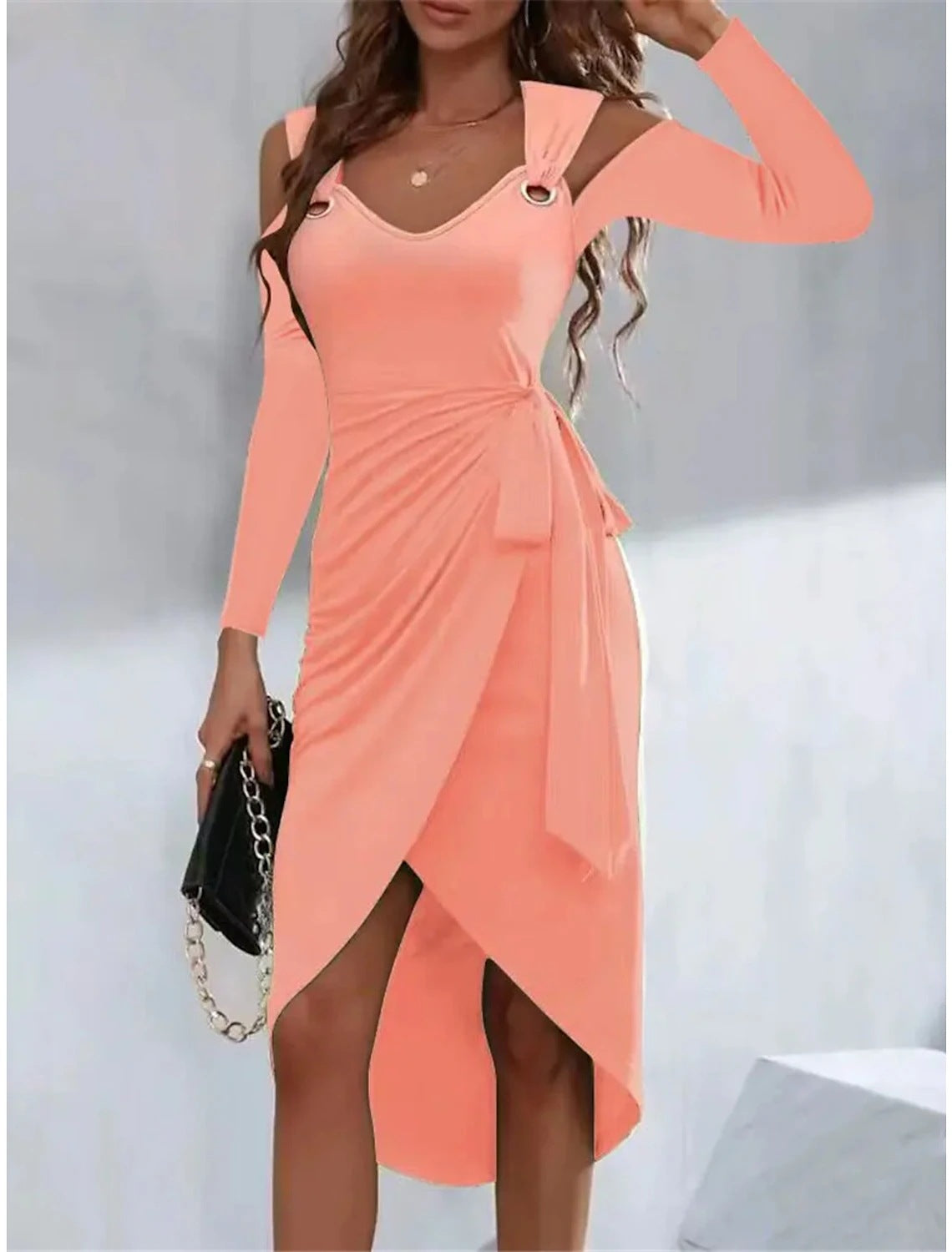 Women Solid Metal Button V-Neck Lace-Up Dress 12