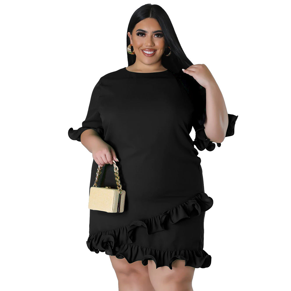 Plus Size Women's Fashion Fit Round Neck Solid Ruffle Casual Dress 7