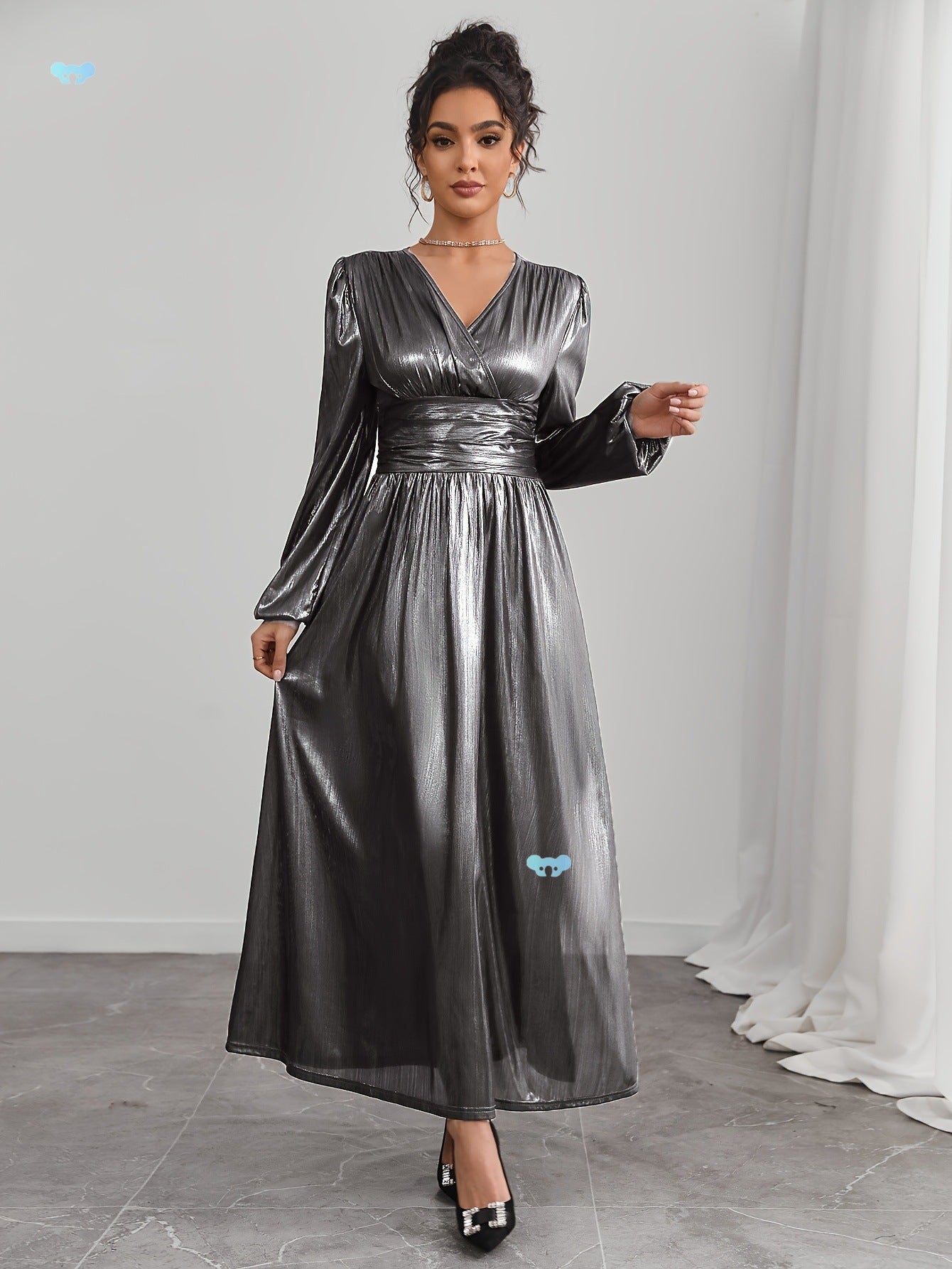 Women's V-Neck Slit Shiny Long Sleeve Midi Dress 3