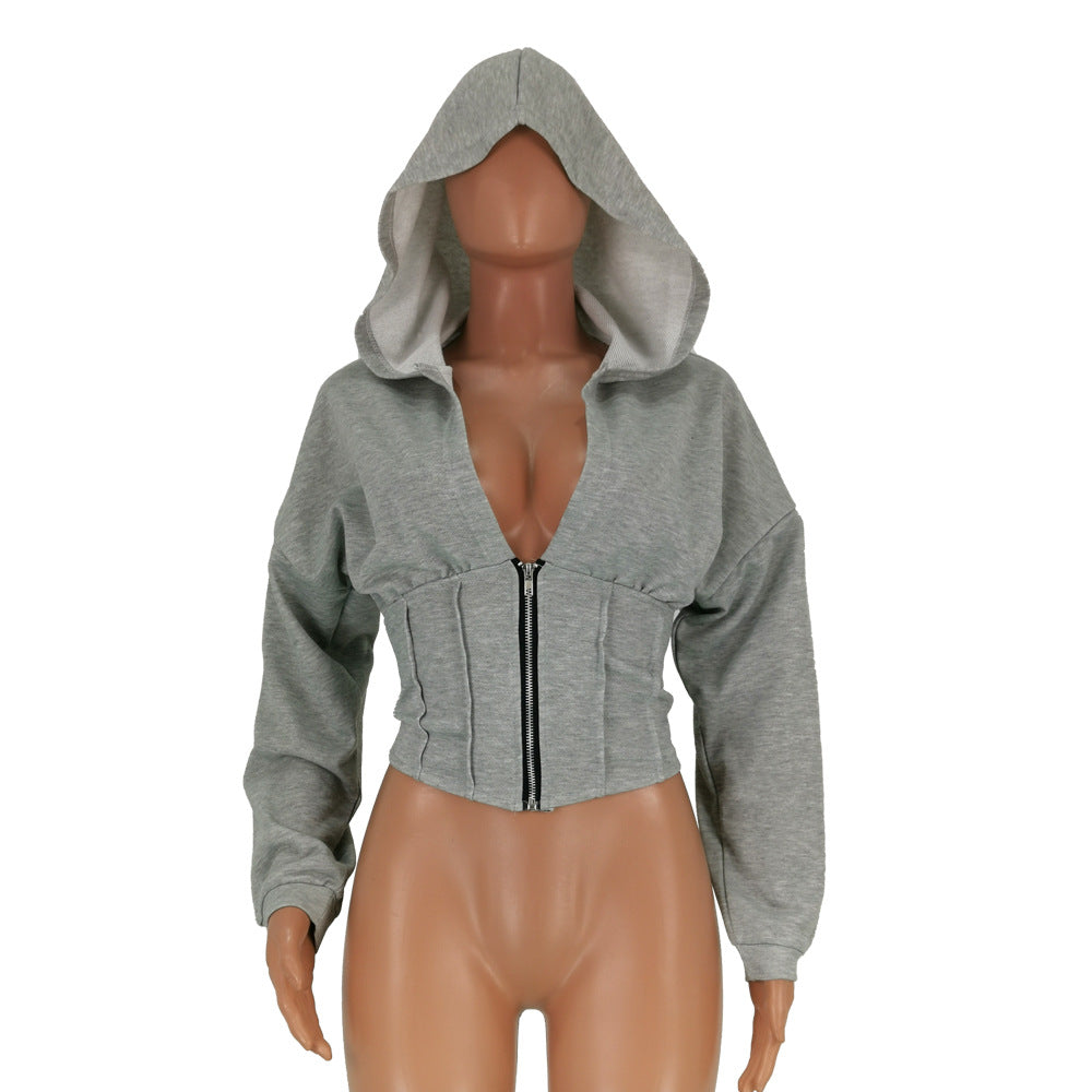 Women Sexy Elastic Waist Loose Hooded Zipper Top 20