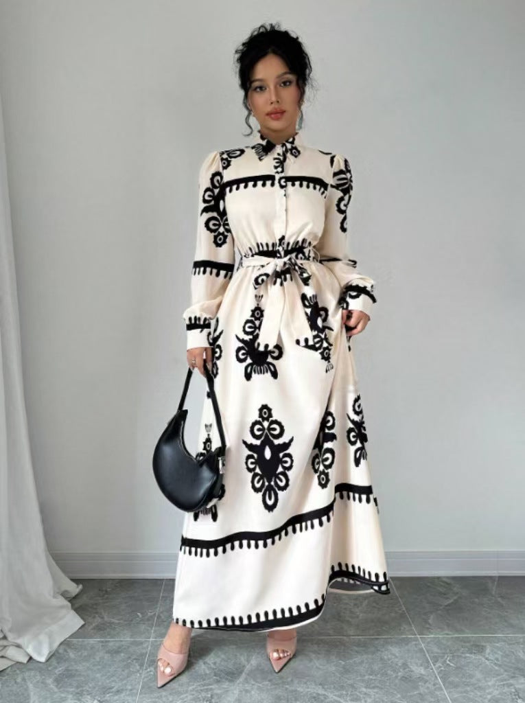 Women Autumn Winter Women Chic Contrast Holidays Print Button Dress