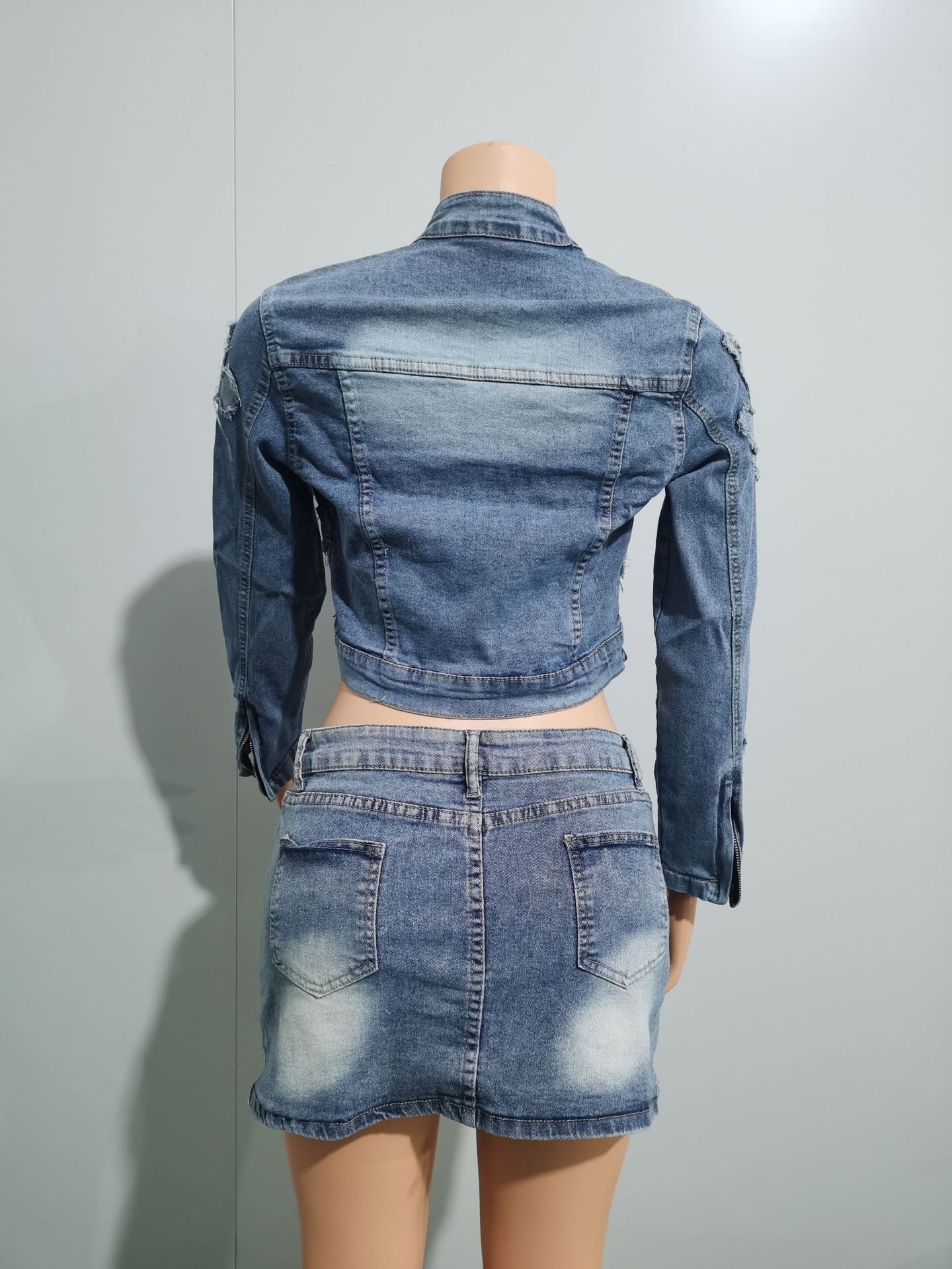 Women's Clothing Trendy Fashion Patch Denim Two Piece Skirt Set 11