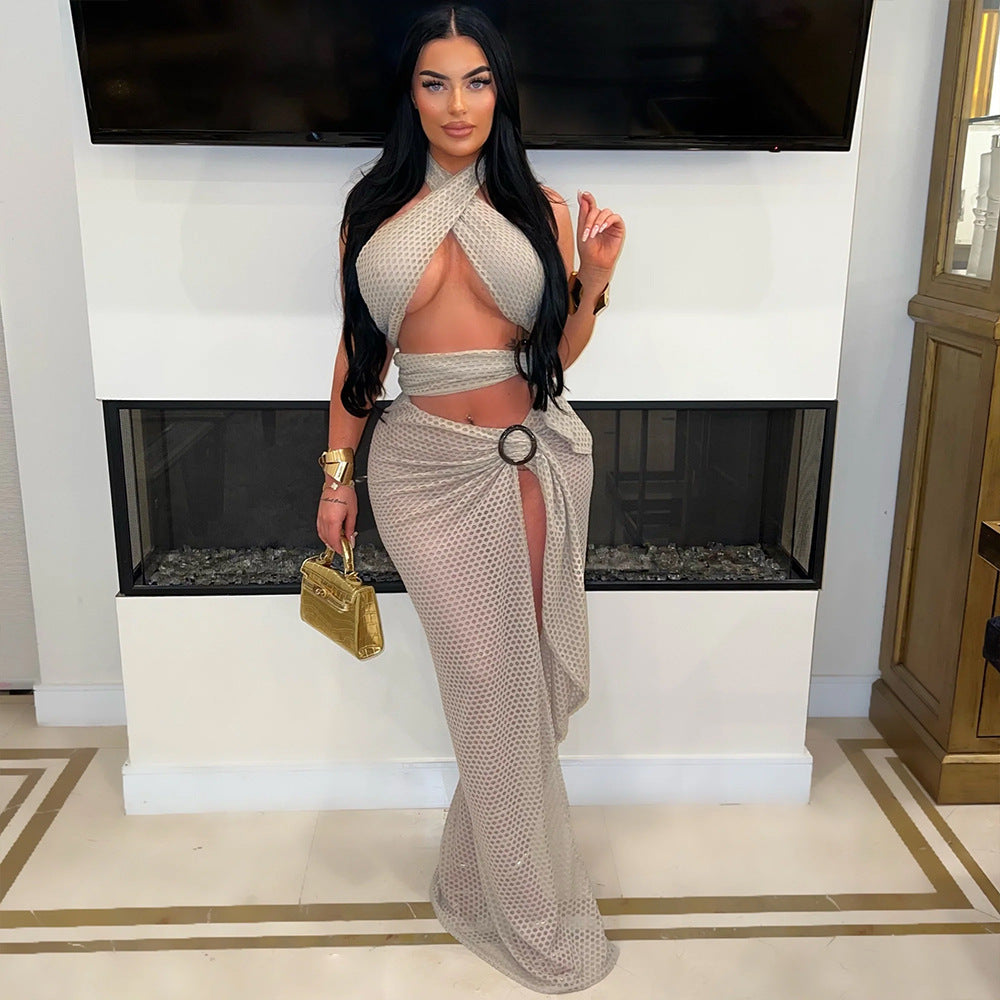 Sexy Halter Neck Mesh Slim High Slit Fashion Solid Color Long Dress 12