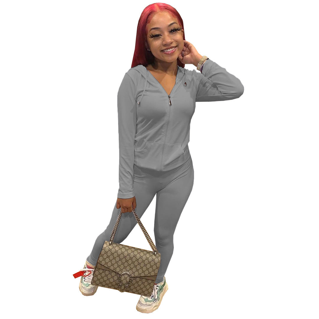 Women Summer Sports Hooded Full Sleeves Solid Pockets Regular Two Piece Pants Set 39