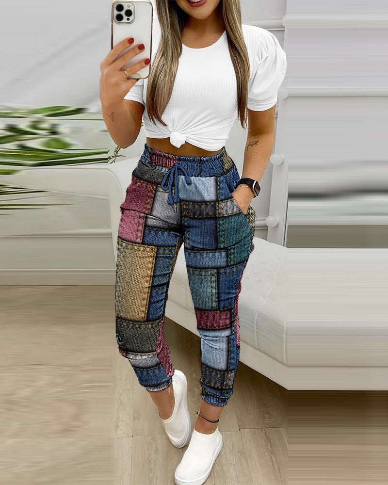 Women Casual Chic Top and Printed Pants Two-piece Set 13