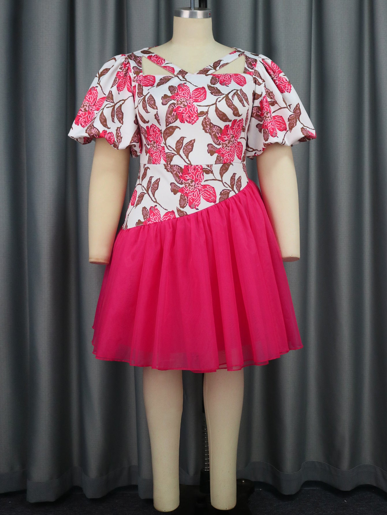 Spring Career V-neck lantern sleeve Mesh Patchowrk Printed A-line Swing dress