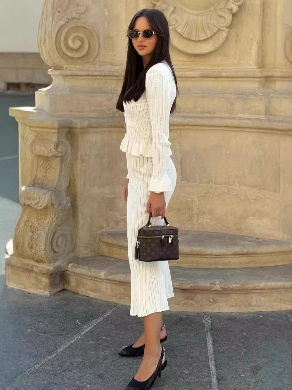 Autumn Winter Elegant Ruffled V-Neck Bodycon Fishtail Skirt Set 8