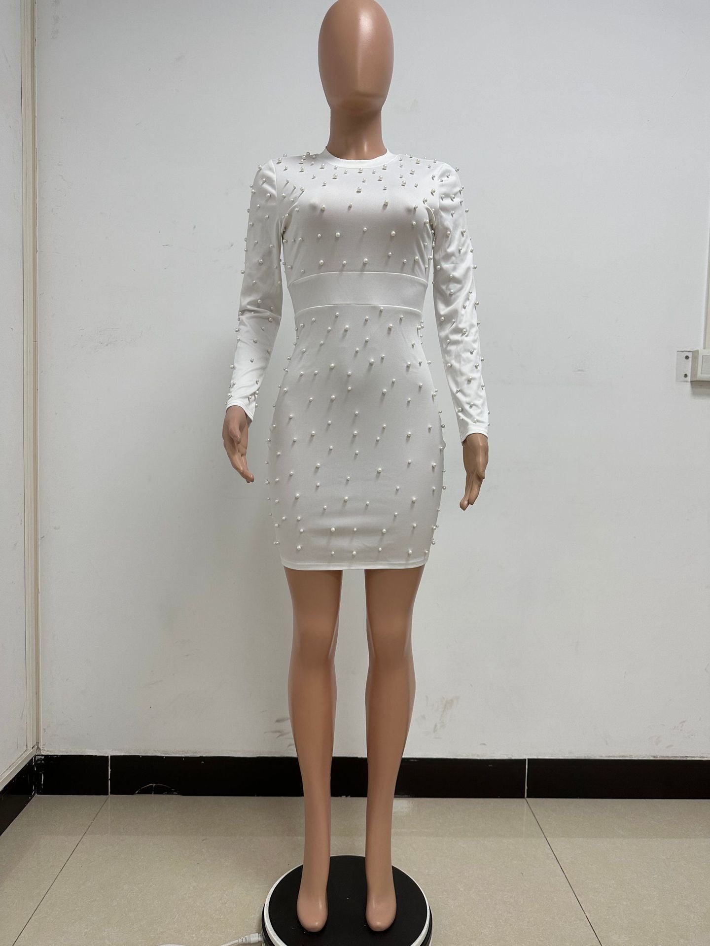 Women's Summer Solid Color Bodycon Long Sleeve Beaded Dress 9