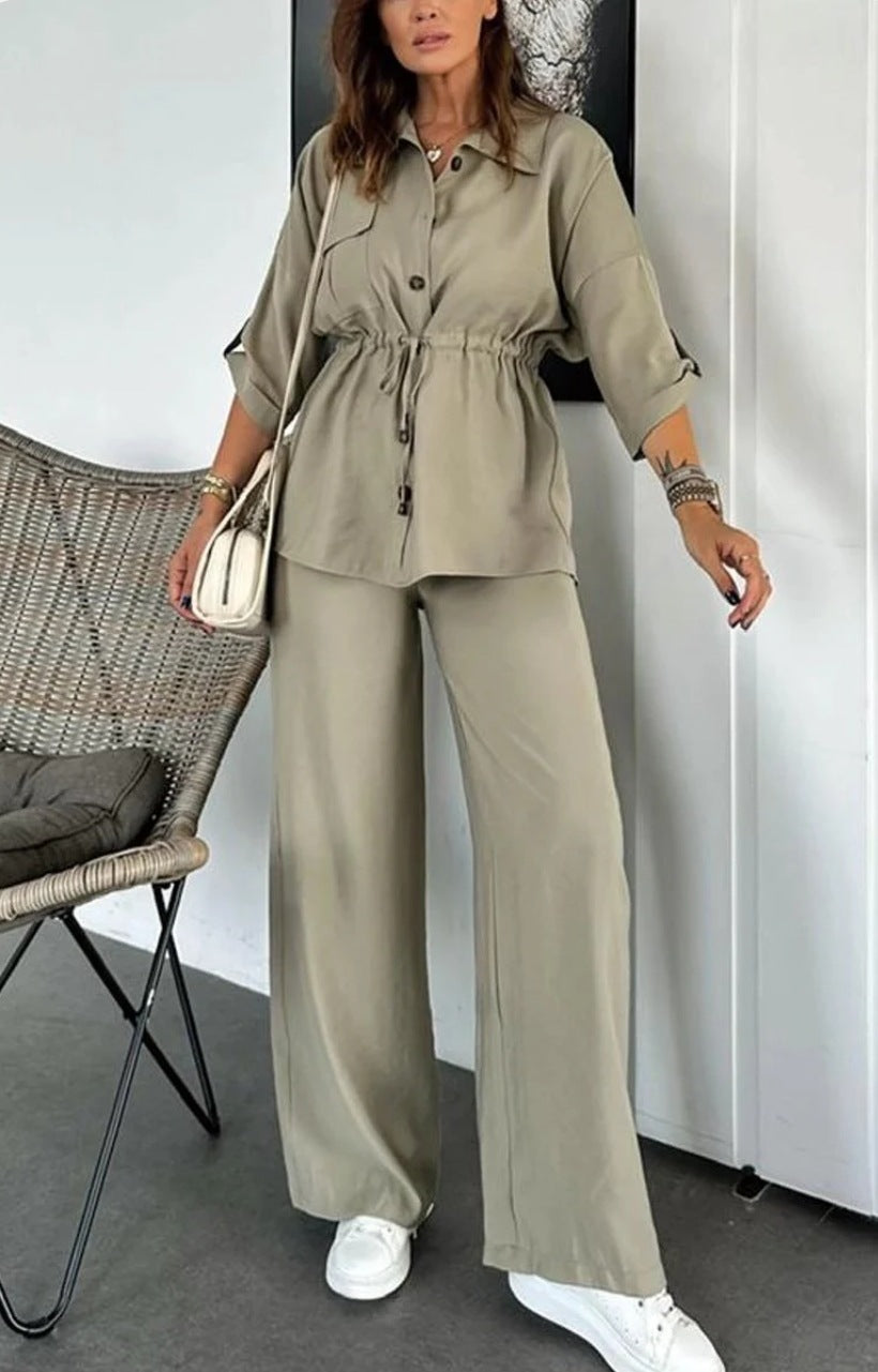 Women Autumn Casual Solid Drawstring Patch Pocket Button Top and Pant Two Piece Set 4