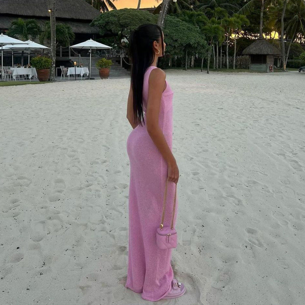 Spring And Summer Sexy And Fashionable Sleeveless Knitting Knot Round Neck Slim Long Dress 4