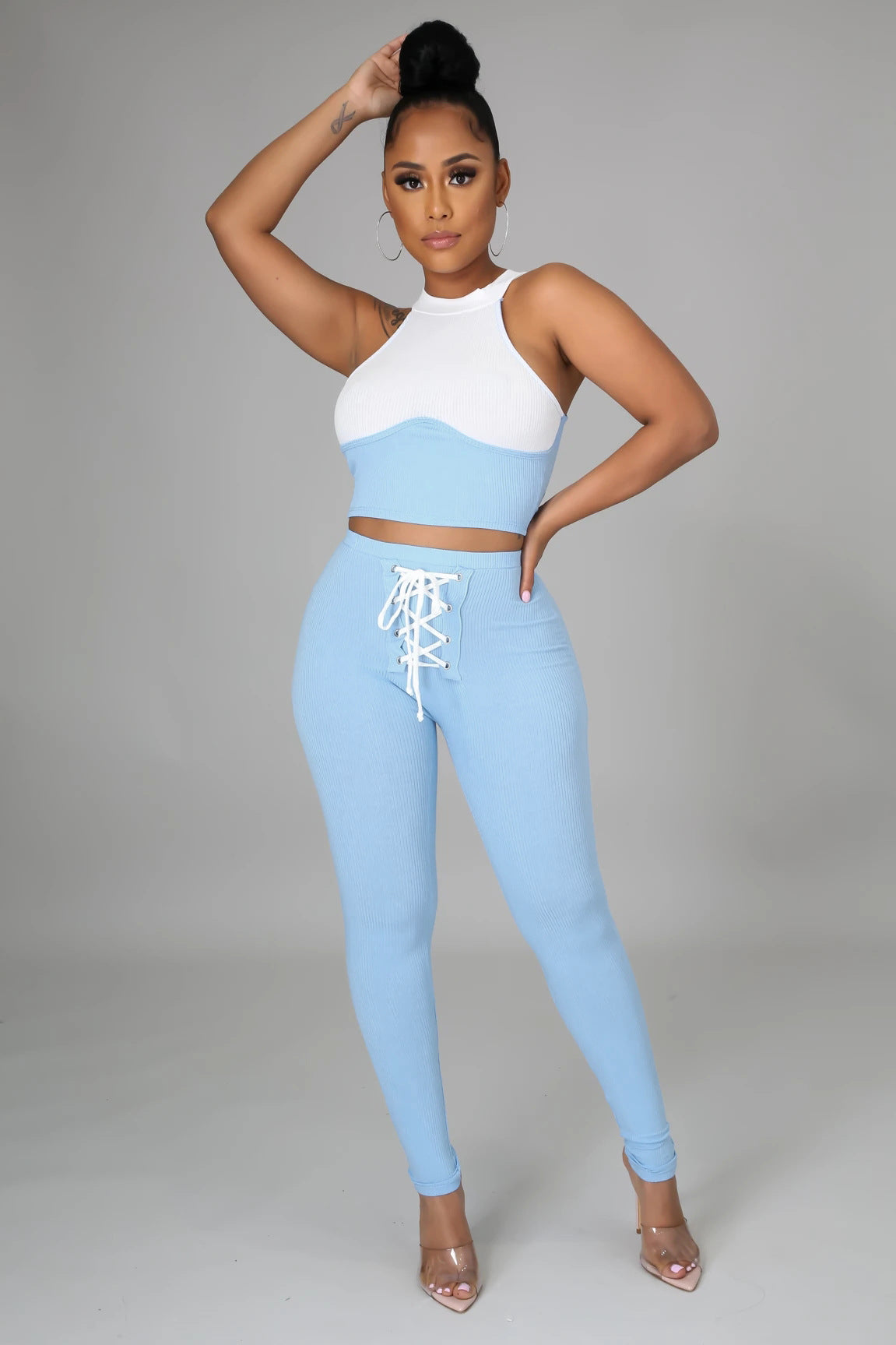 Color Block Tight Fitting Top Pants Two-Piece Set 3