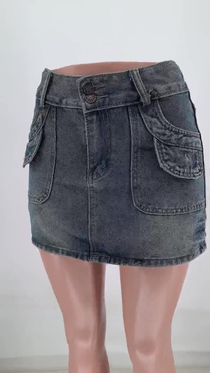 Women Washed Double Button Denim Skirt 5