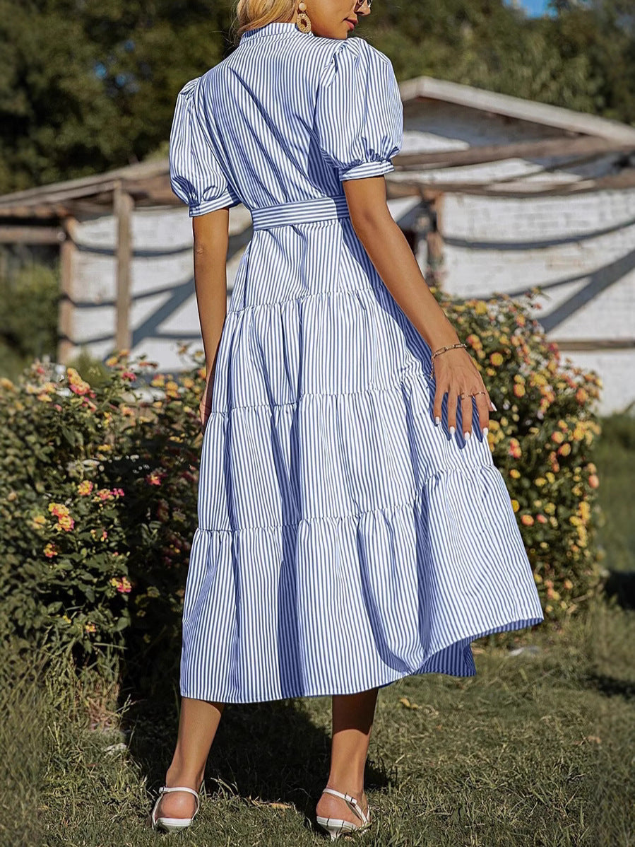 Women High Waist Striped Printed Short Sleeve Dress 6