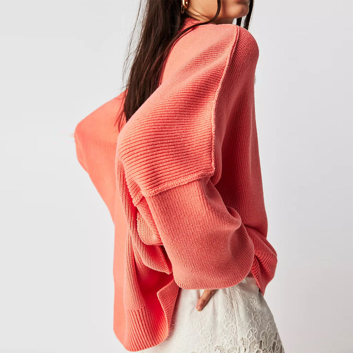 Women Autumn and Winter Loose Knitting Long Sleeve Slit Round Neck Sweater 14