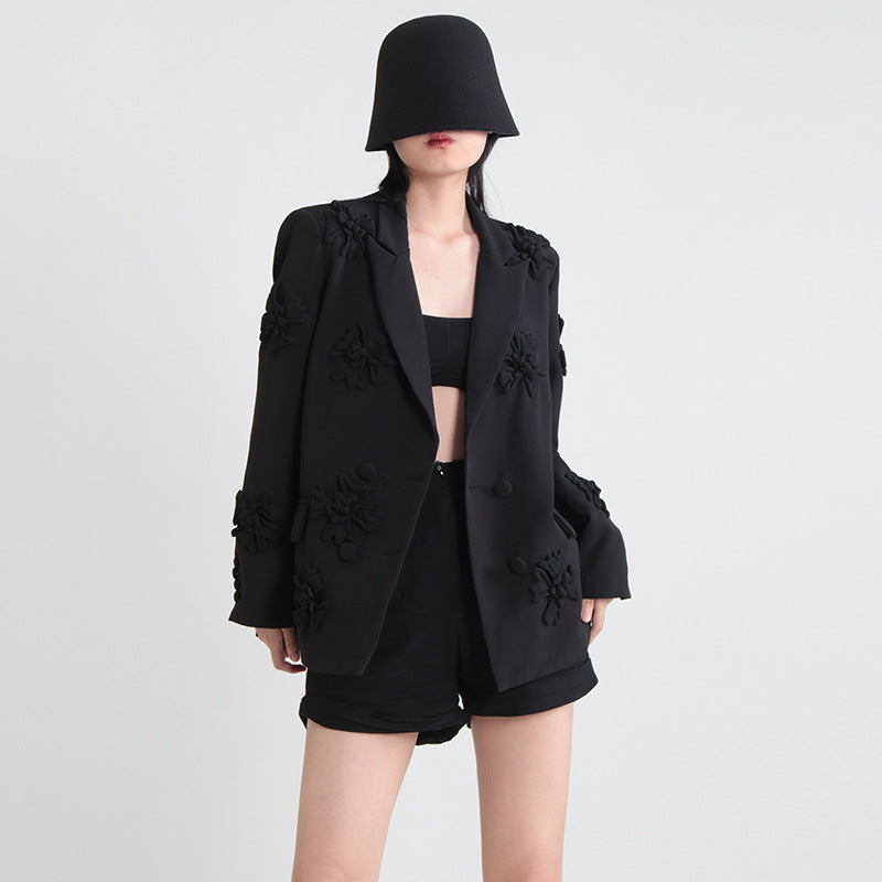 Women double-breasted floral Patchwork Blazer + high-waisted Bell Bottom pants two-piece set 8