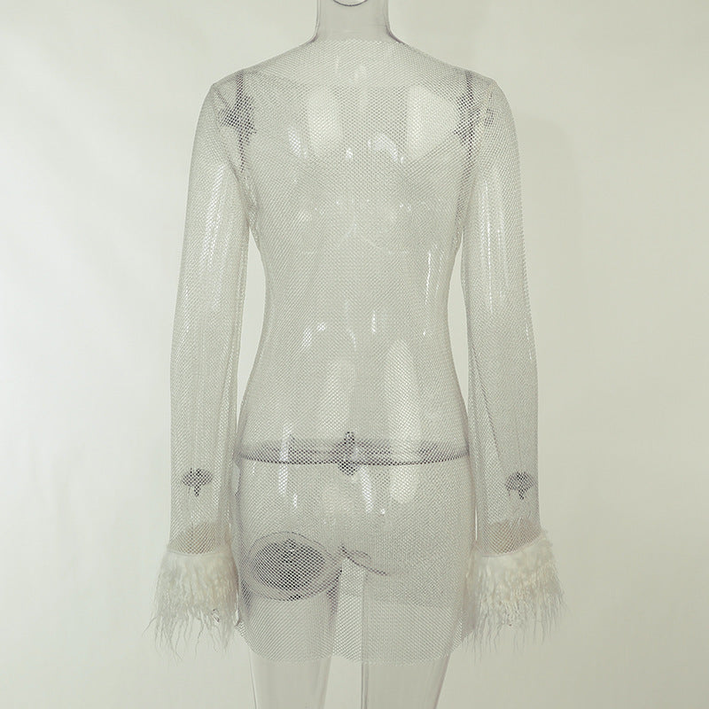 Furry Long Sleeve See-Through Mesh Fashion Trend Sexy Women's Nightclub  Dress 14