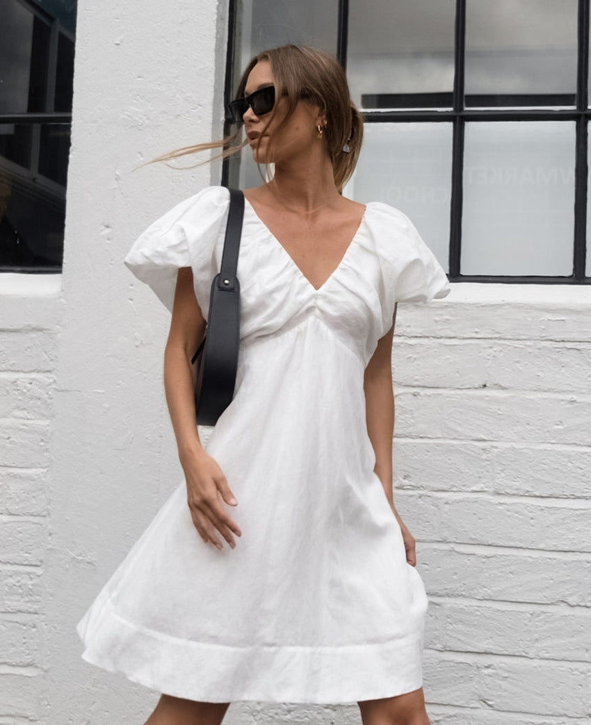 Women Early Spring V-neck Puff Sleeve Dress