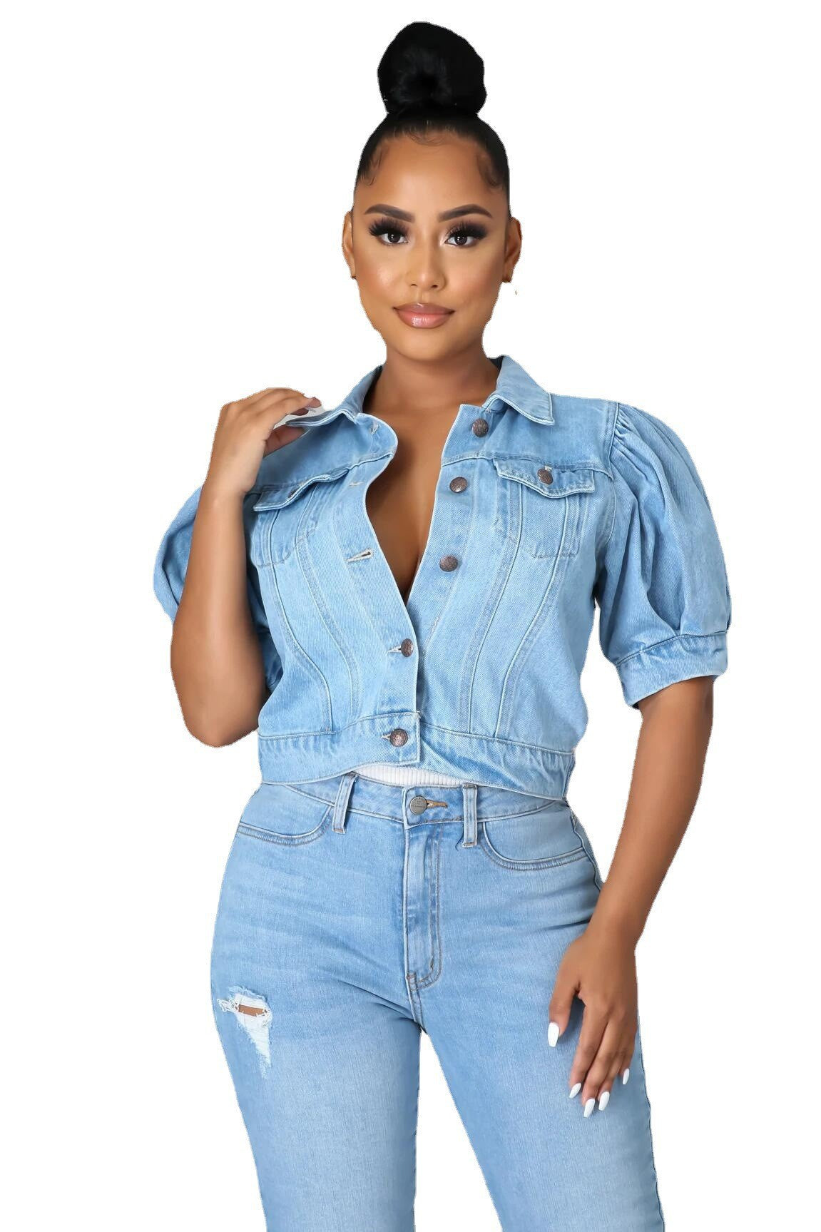 Fashion Button Up Short Sleeve Half Puff Sleeve Women Denim Jacket 8