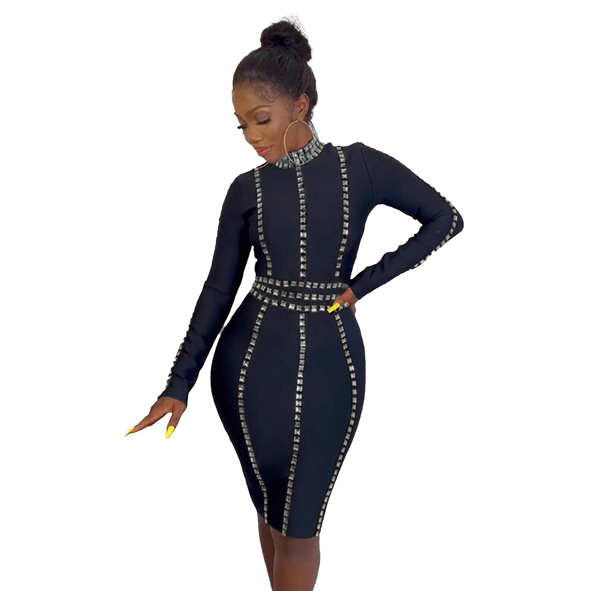 Women Sexy Beaded Stretch Bodycon Long Sleeve Dress 4