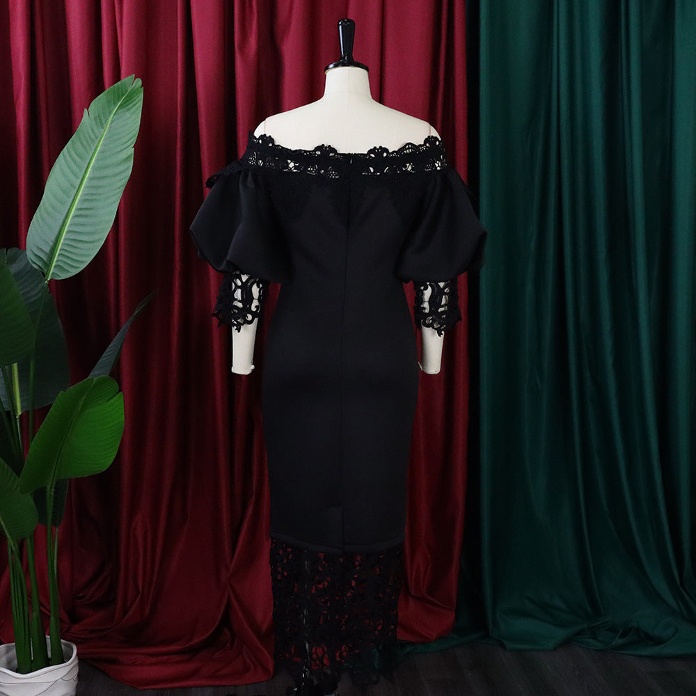 Off Shoulder Off Shoulder Bodycon Lace Patchwork Balloon Sleeve Gown Dress 21