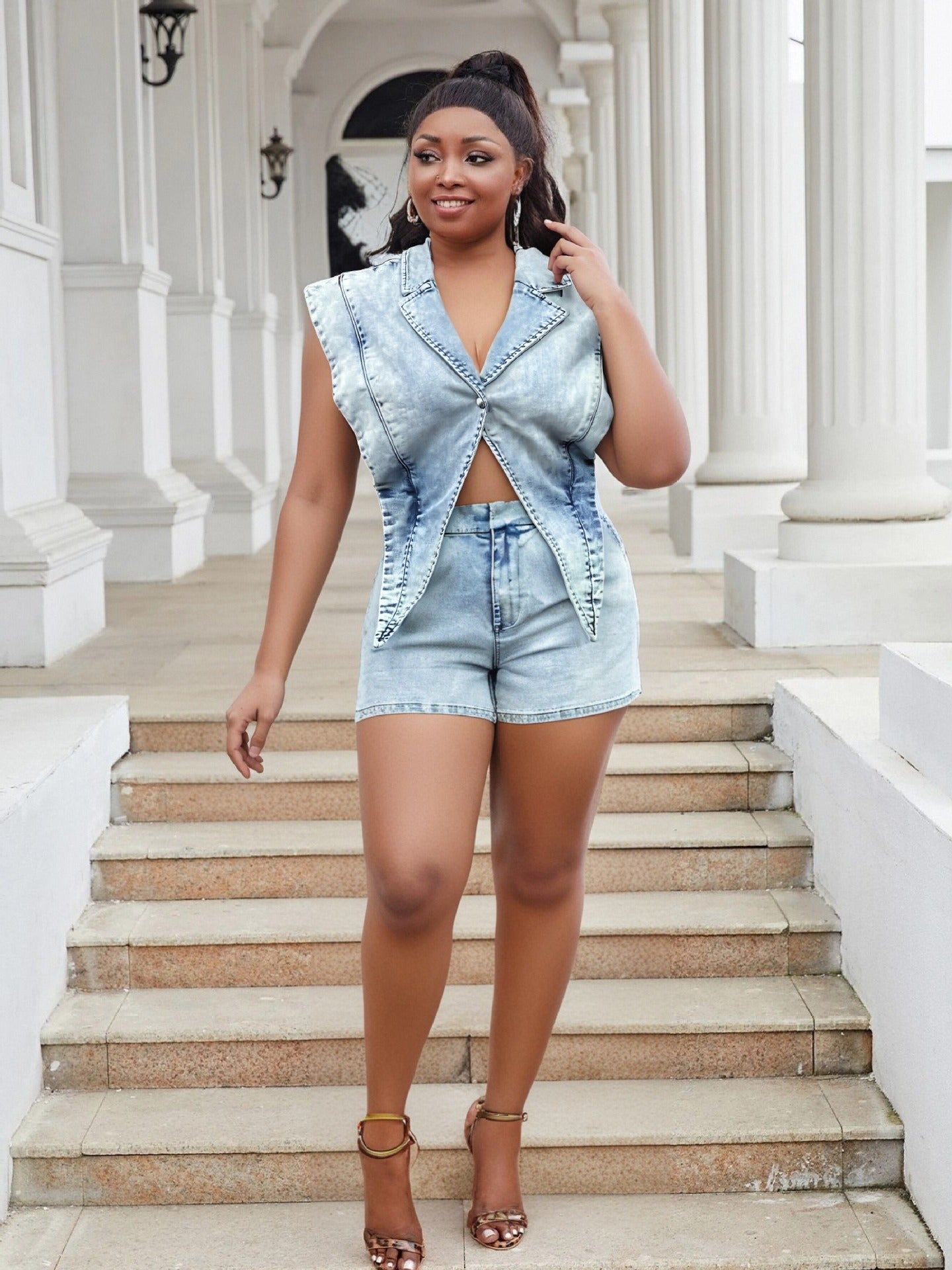 Plus Size Women Casual Short Sleeve Washed Denim Cargo Shorts Jumpsuit