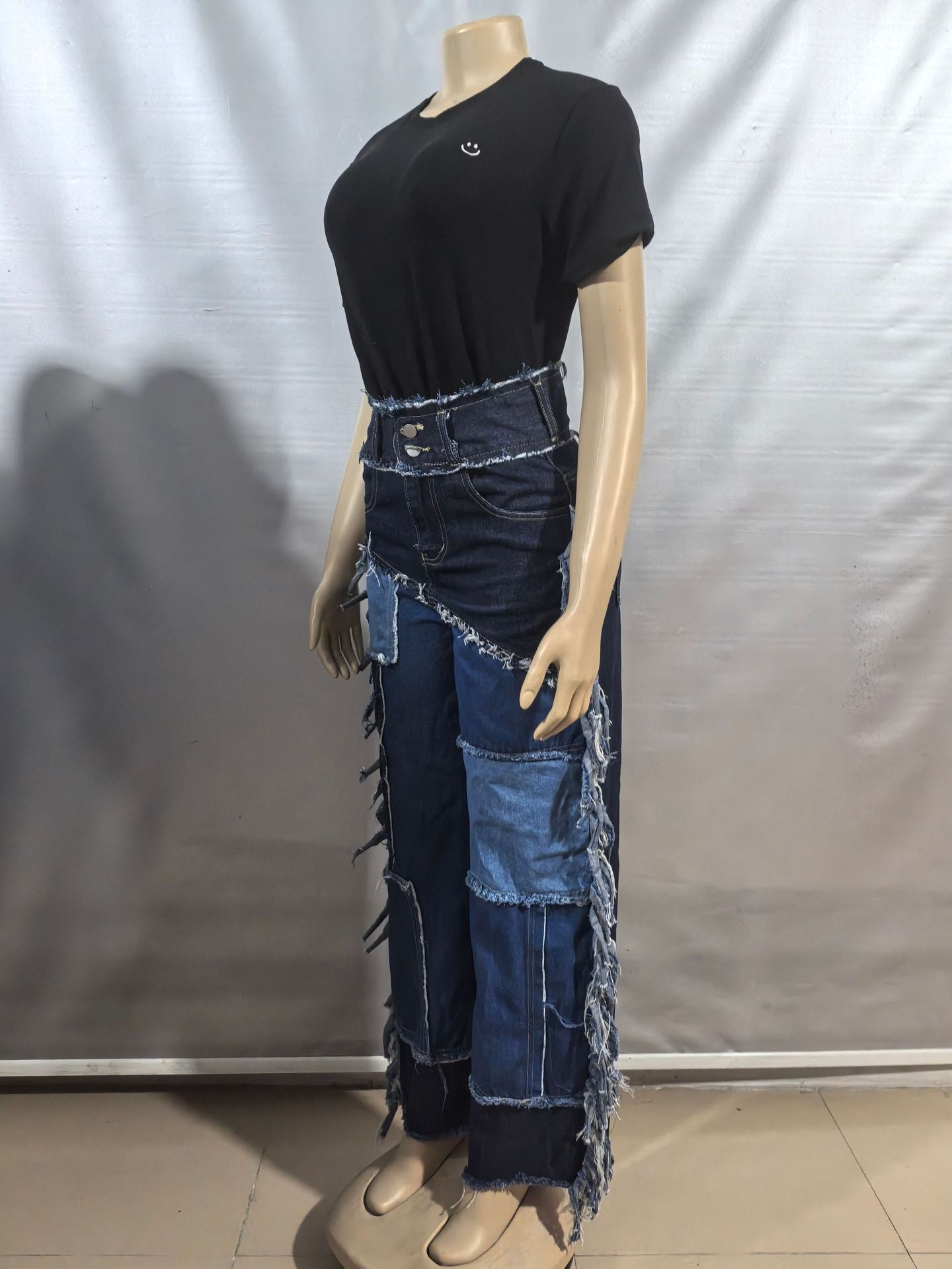 Women patchwork Colorblock Tassel Denim Pants 7
