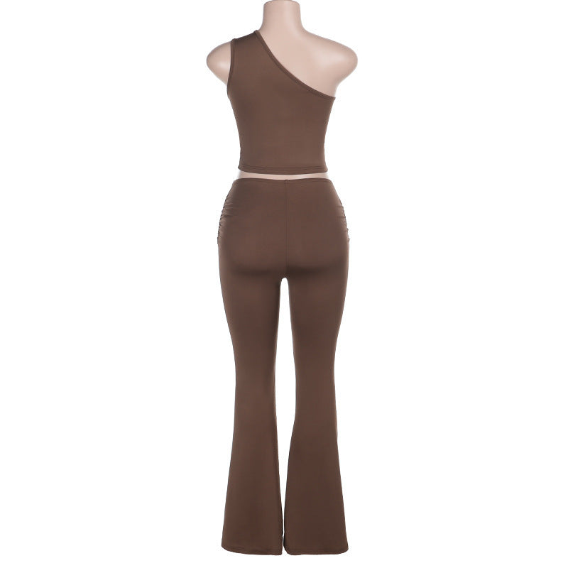 Women Casual Solid One Shoulder Crop Top and Pants Two-piece Set 10
