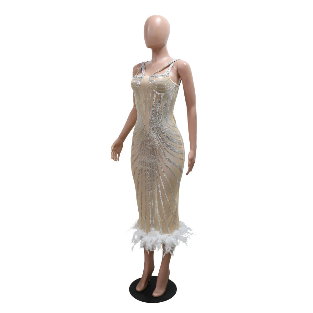 Fashionable Stripsequined Slim Waist Fur Bodycon Party Evening Dress 5