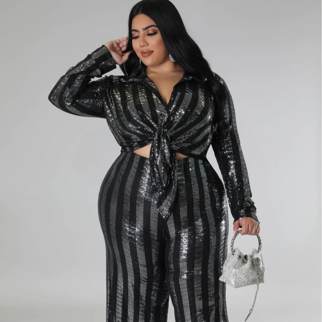 Fashion Nightclub Mesh Beaded Sequin Two-Piece Lace-Up Top Pants Set