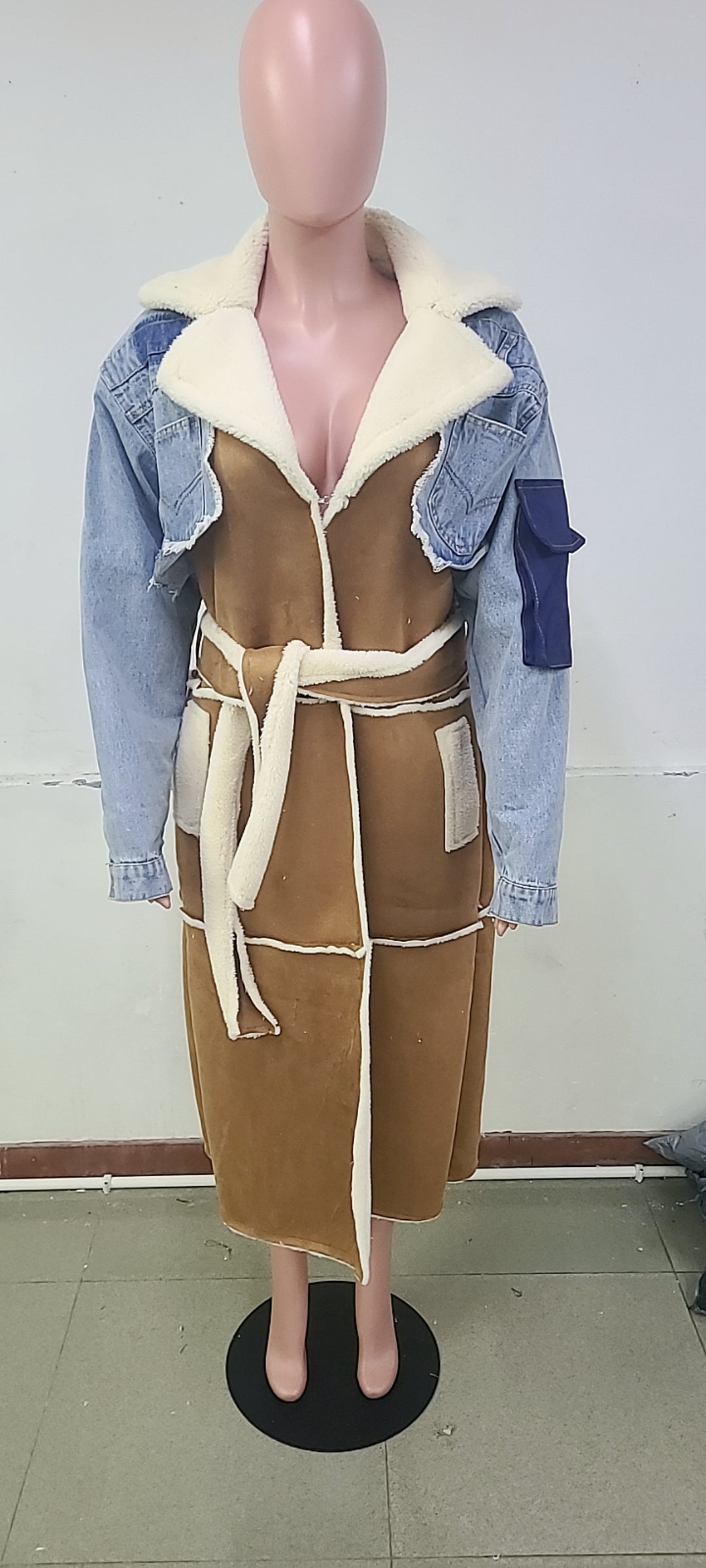 Winter Blue Denim Patch Fleece Full Sleeves Thick Long Coat 7