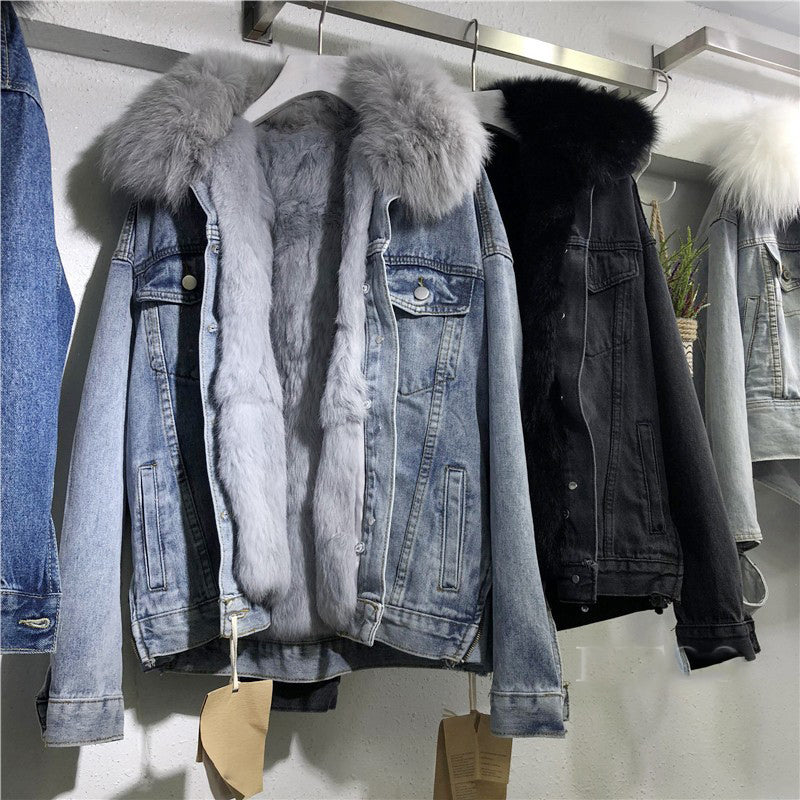 Women Winter Fur Collar Detachable Denim Plush Jacket 6