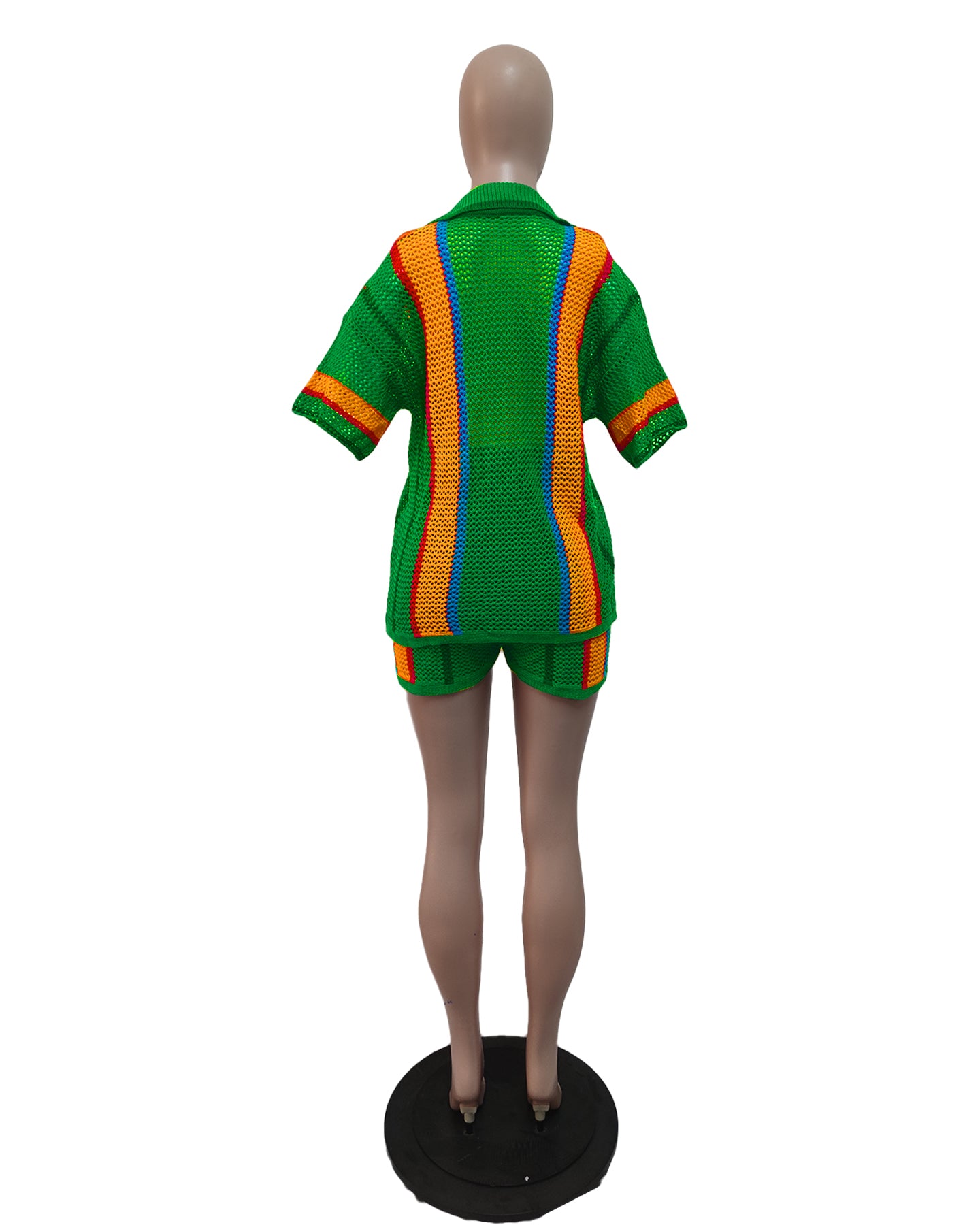 Women's Sexy Hollow See-Through Turndown Collar Knitting Two Piece Shorts Set 38