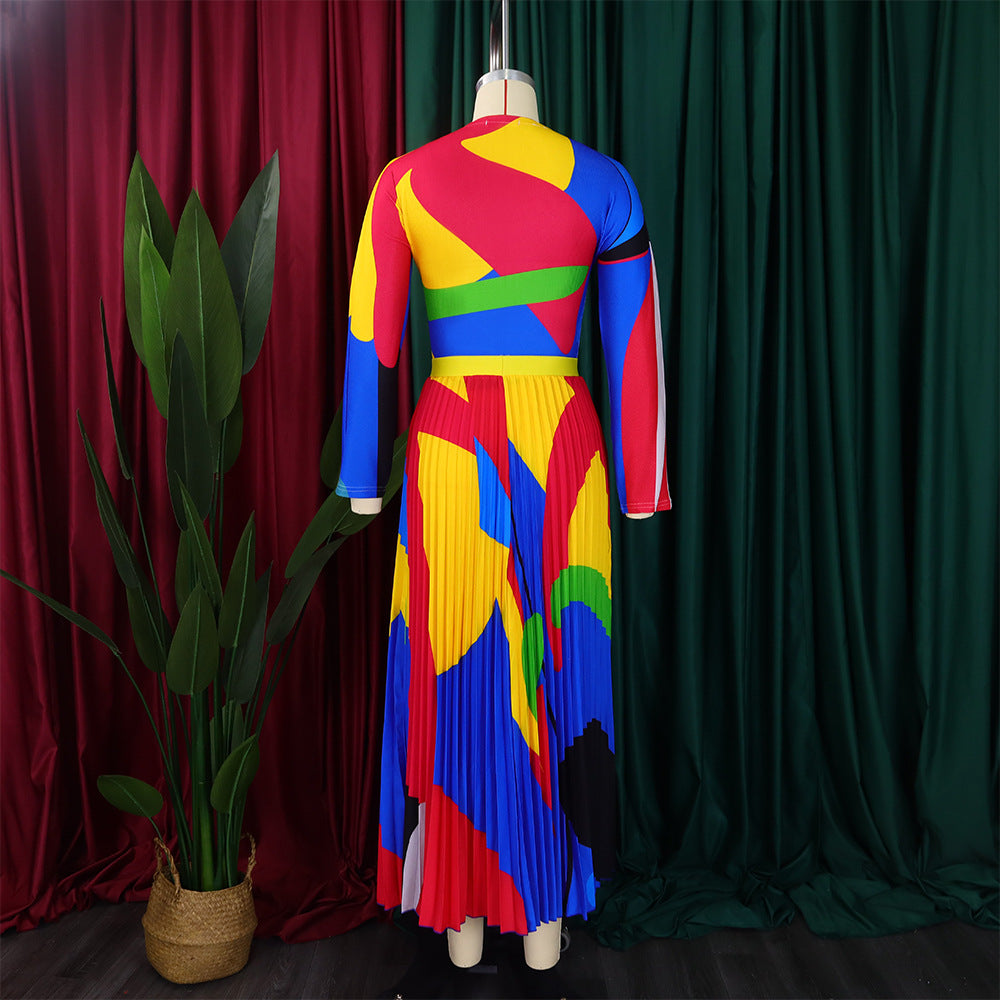 Women Autumn Pleated Print Contrast Color Long-sleeved Top and Skirt Two-Piece Set 19