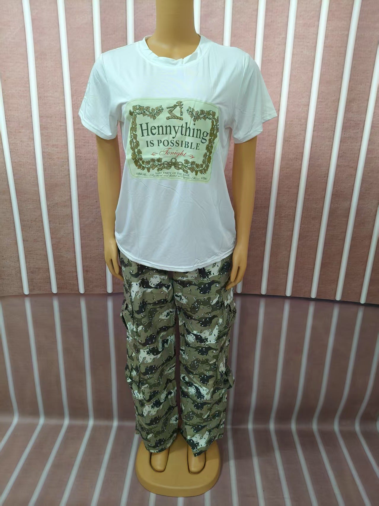 Women Plus Size Round Neck short-sleeved T-shirt camouflage trousers Casual sports Two Piece Set 7