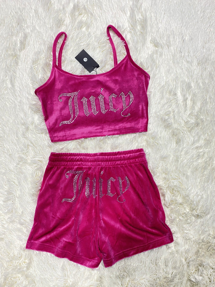 Women Hot diamond suspender Top and shorts Two Piece Set 3